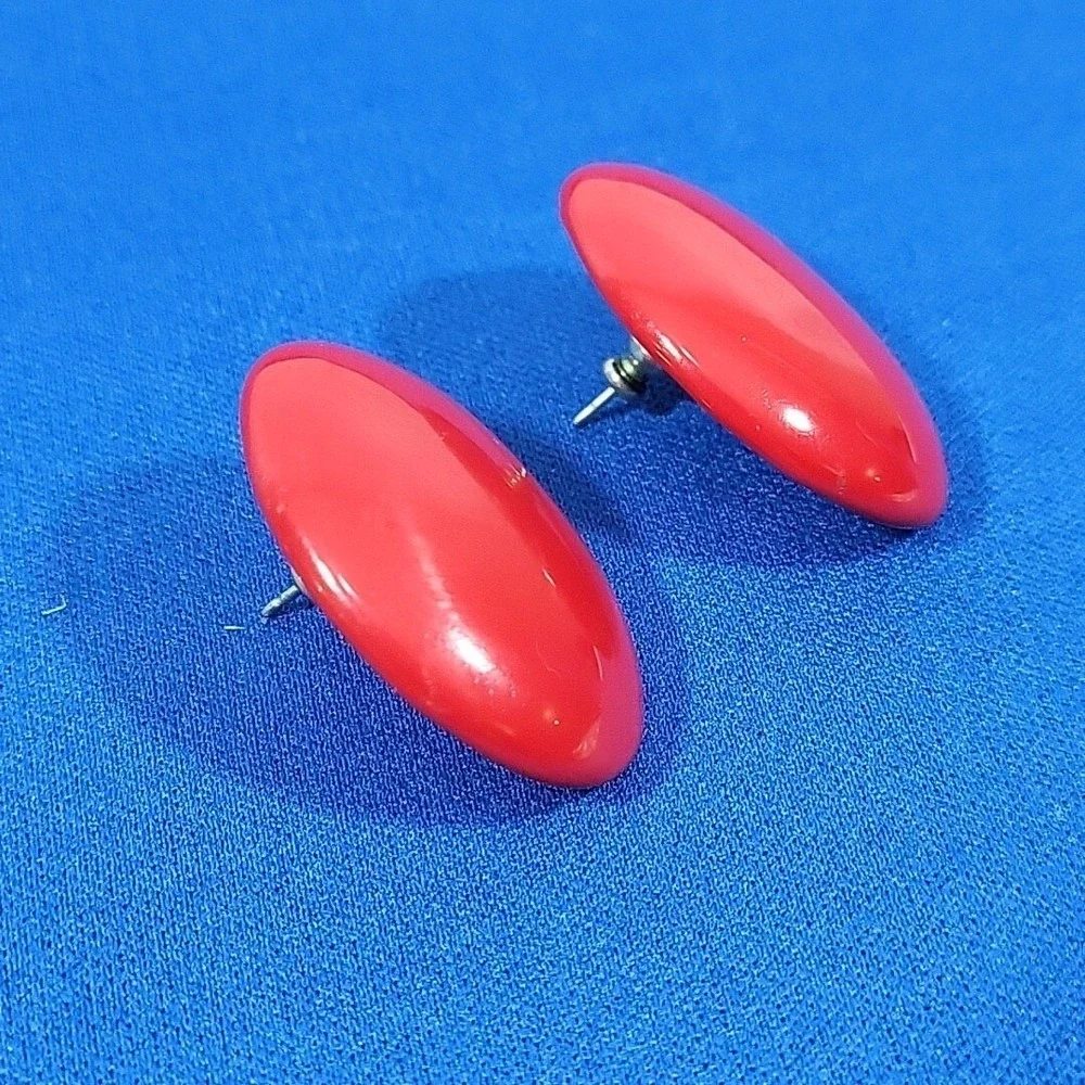 Vintage 80s Earrings Red Enamel Oval Dot Oversized‎ Statement Pierced Posts